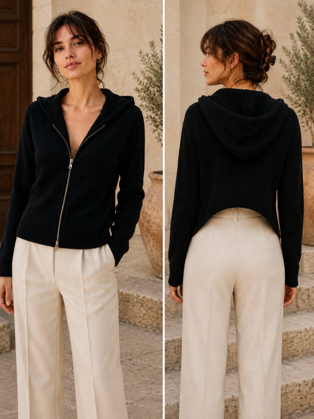 Womens Italian Wool Hoodie Womens S 4 Black Full Zip Designer Knit Sweater Luxe